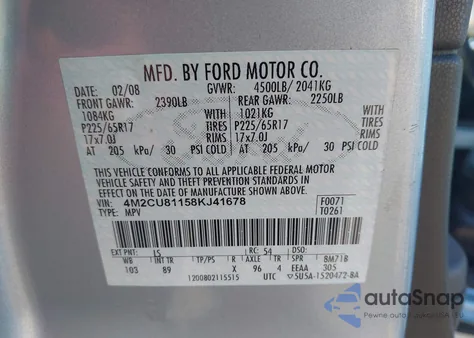 2008 Mercury Mariner V6 z USA, uszkodzony, nr VIN 4M2CU81158KJ41678